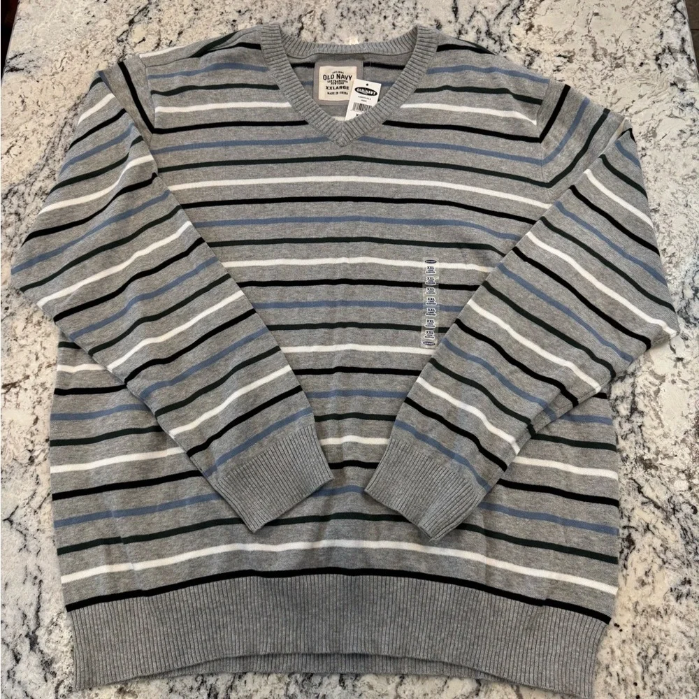 NWT Striped V-Neck Sweater XXL Gray Blue Black Lightweight Pullover